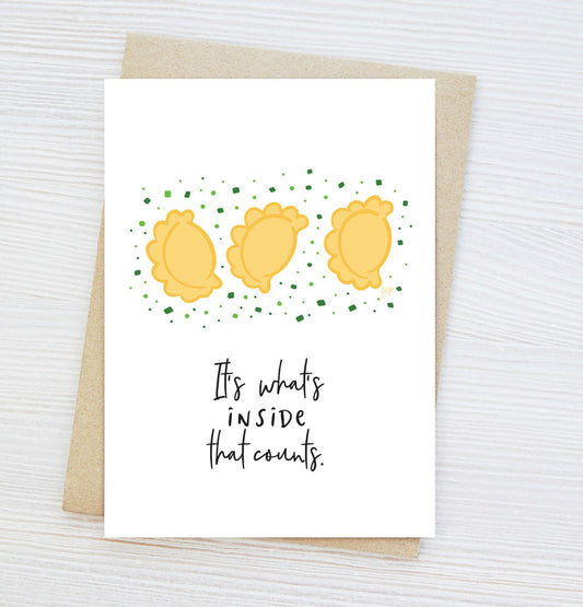 Greeting card with fun pun depicting pierogies