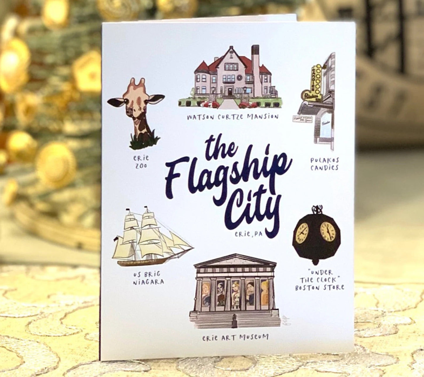 A greeting card with handdrawn Erie attractions