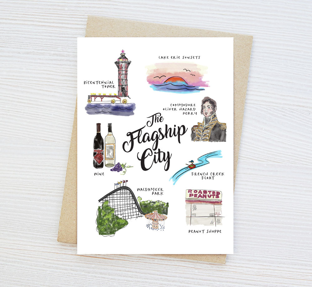 Greeting card with lovely illustrations of popular Erie attractions and sites