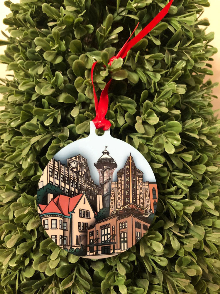Ornament with illustrations of downtown Erie buildings