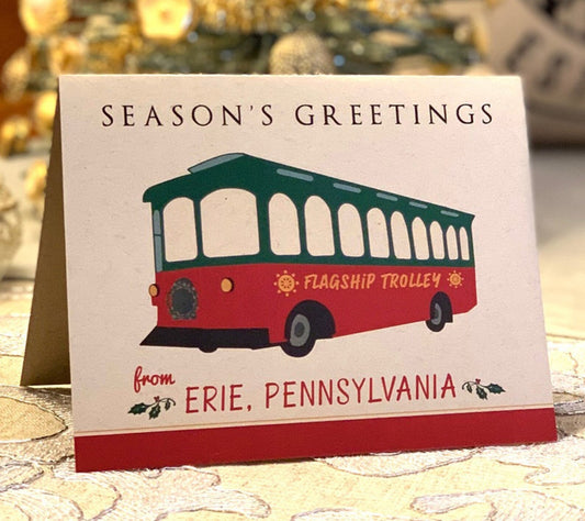 A lovely illustrated holiday card depicting a well known Erie Trolly