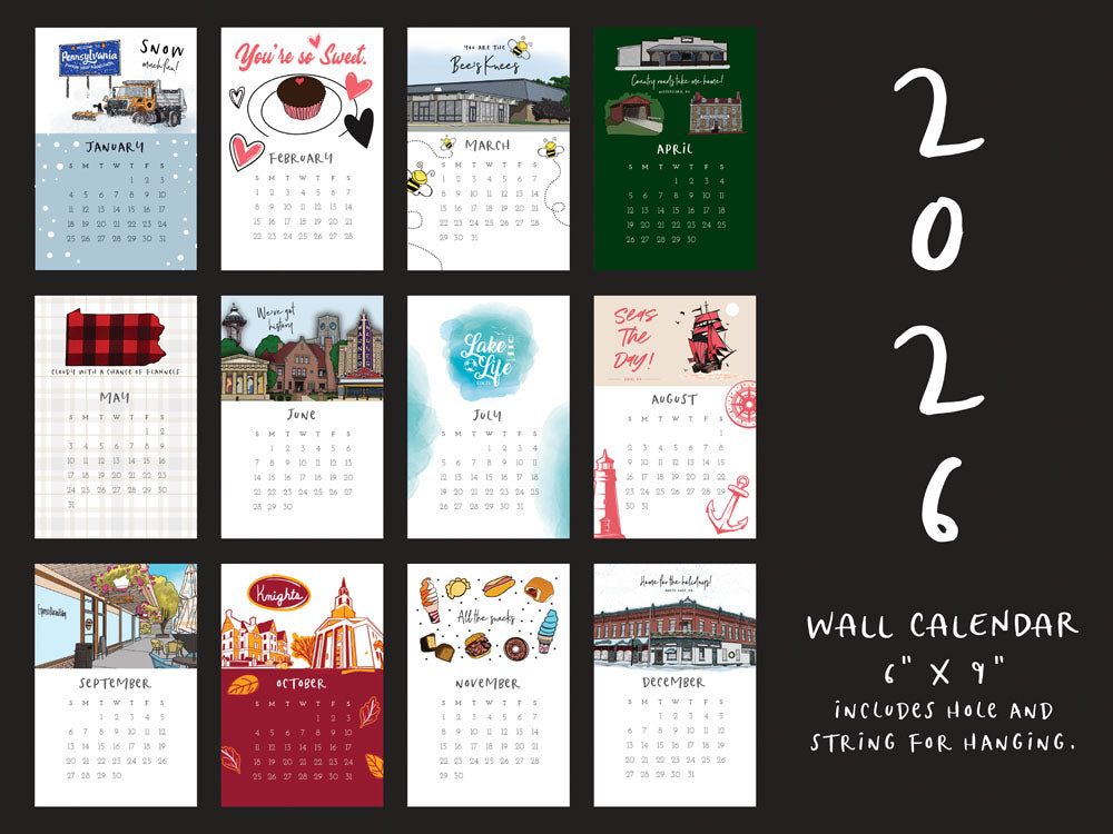 Erie wall calendar with illustrations on each month
